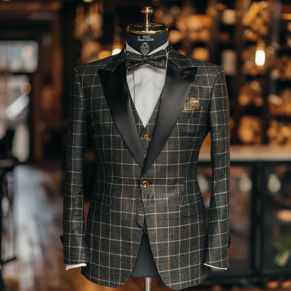 Tailored checkered suit jacket with lapel pin and bow tie displayed on a mannequin