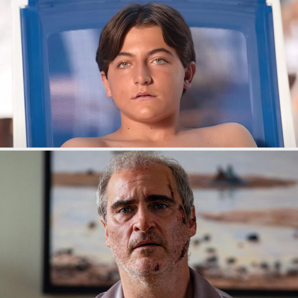 Top: Michael Gandolfini reclines with a thoughtful expression. Bottom: Joaquin Phoenix looks solemn with facial injuries, set against a blurred background