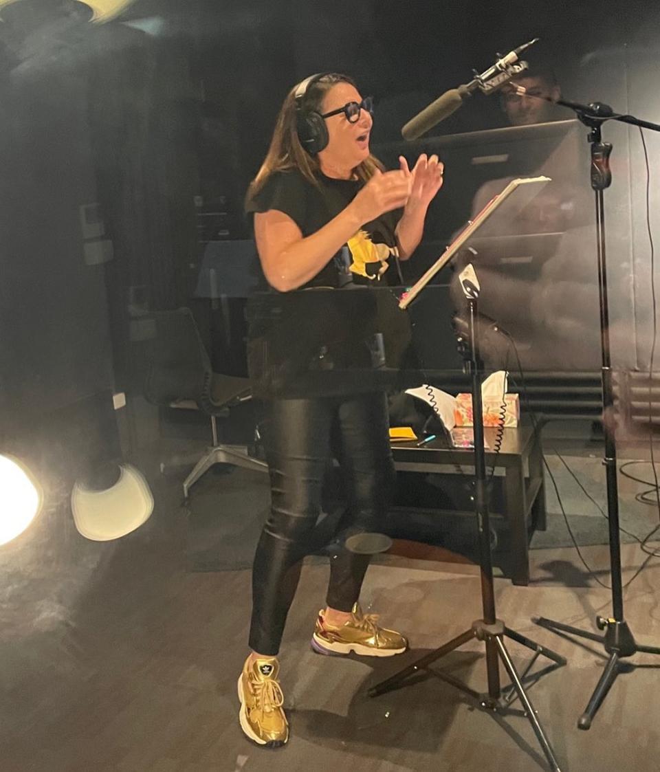 Julia Morris recording her new Audible Original, Julia Morris Makes It EASY, in a recording studio