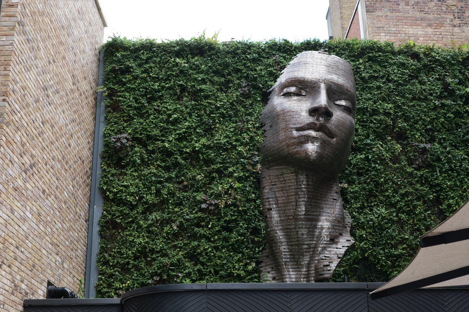 A large statue of a persons head in front of a green hedge