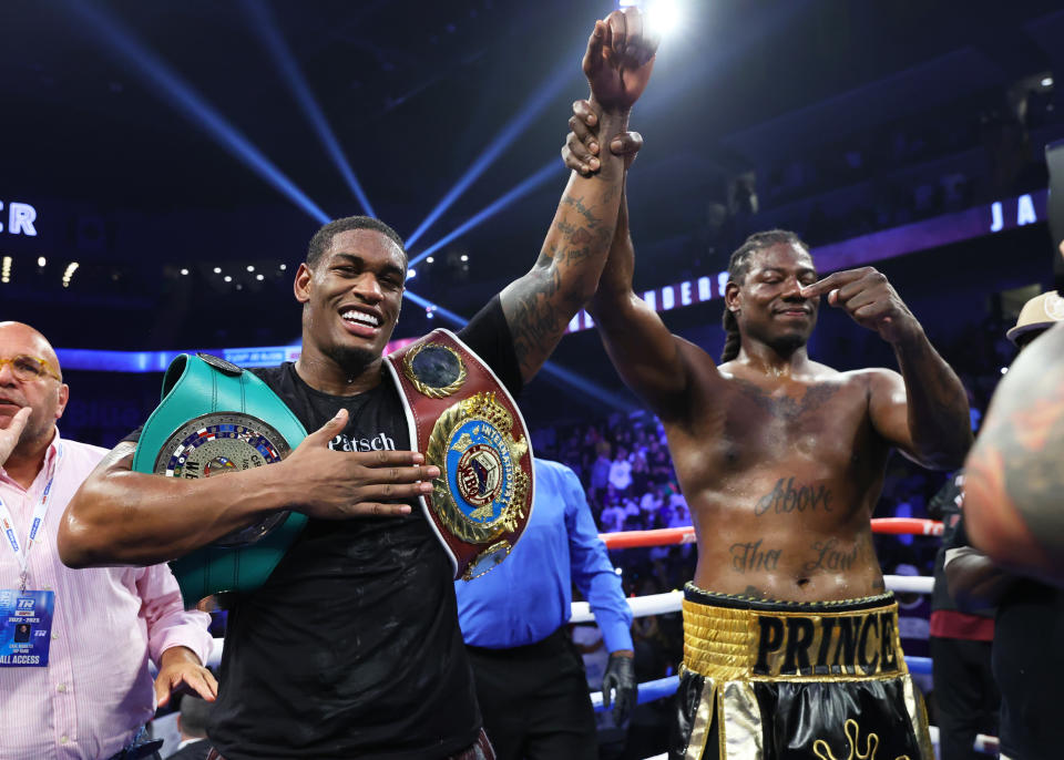 TOLEDO, OHIO - JULY 01: Jared Anderson (L) celebrates after defeating Charles Martin (R) in their heavyweight bout at the Huntington Center on July 01, 2023 in Toledo, Ohio.  (Photo by Mikey Williams/Top Rank Inc via Getty Images)