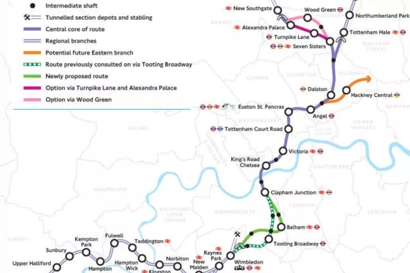A map of Crossrail 2's potential route denoted by parallel purple lines with other colours signifying different legs