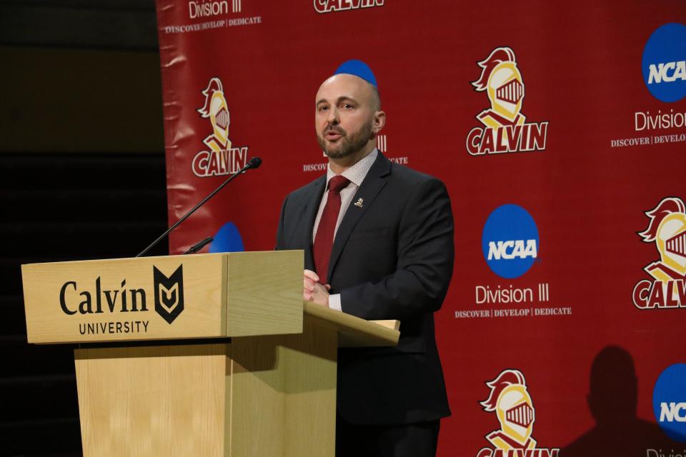 Calvin football coach Trent Figg speaks at his introductory press conference on Wednesday.