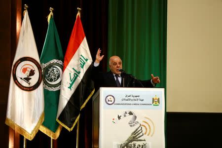 FILE PHOTO: Iraq's Prime Minister Haider al-Abadi speaks during a ceremony of Baghdad is the Capital of Arab Media, in Baghdad, Iraq, January 27, 2018. REUTERS/Thaier Al-Sudani