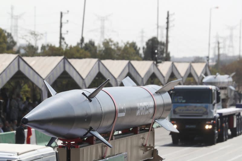 An Iranian missile is seen during the annual military parade in Tehran