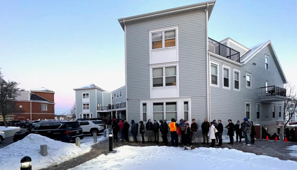 A line of people wait to get into the Sheraton Portsmouth Harborside Hotel to see Donald Trump Wednesday, Jan. 17,2024.