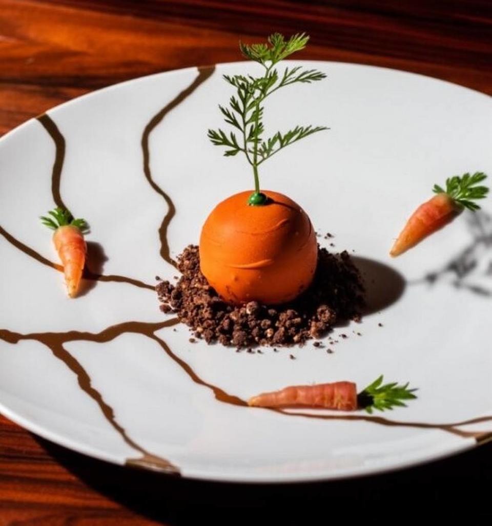 La Carotte Printaniere, a dessert at L’Atelier de Joël Robuchon in Miami’s Design District, that features goat mousse, carrot cake, pecan cocoa crumble and coconut sorbet.