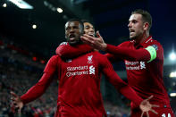 Georginio Wijnaldum, Jordan Henderson and Trent Alexander-Arnold celebrate the equaliser on aggregate.