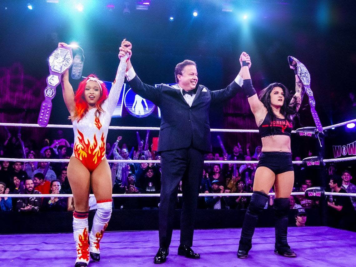 Fire (Kiera Hogan) and Adrenaline (Diamante, Angel Rose) are former WOW tag team champions. Adrenaline is from Miami. Also pictured is WOW leader David McLane.