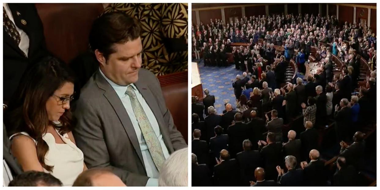 A composite image showing Reps. Lauren Boebert and Rep. Matt Gaetz sitting and Congress members giving President Volodymyr Zelenskyy a standing ovation.