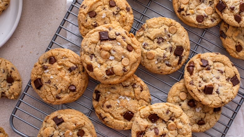 Chocolate chip cookies on a rack