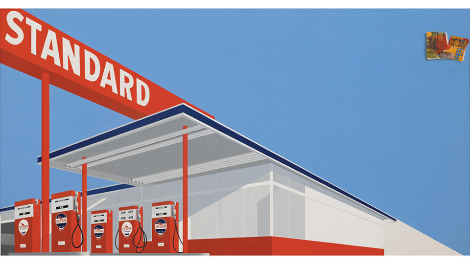 Ed Ruscha, Standard Station, Ten-Cent Western Being Torn in Half, 1964, oil on canvas