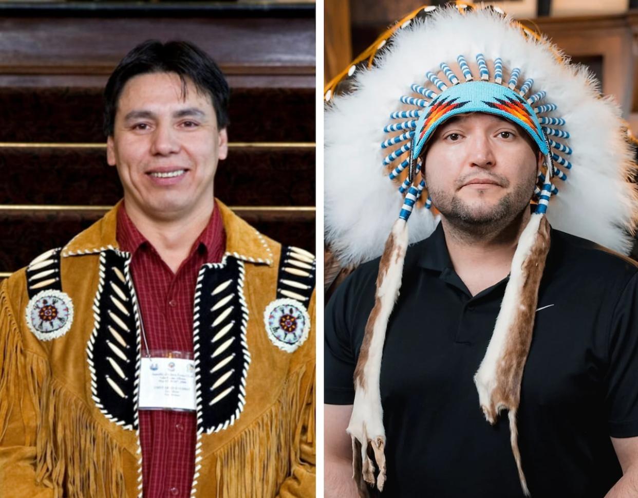 Arthur Noskey, left, grand chief of the Sovereign Nations of Treaty 8, and Cody Thomas, grand chief of the Confederacy of Treaty 6 First Nations. Both have sent letters to the Alberta government supporting the creation of a professional college for counsellers. (Sovereign Nations of Treaty 8, Confederacy of Treaty 6 First Nations  - image credit)