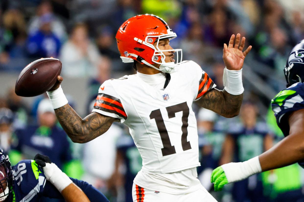 Cleveland Browns quarterback Dorian Thompson-Robinson (17) passes against the Seattle Seahawks on Aug. 24 in Seattle.