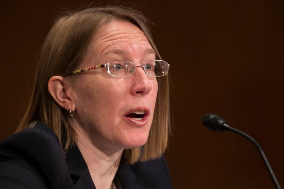 Hester Maria Peirce, a nominee to be a member of the Securities and Exchange Commission, testifies during a Senate Banking committee hearing on Capitol Hill on March 15, 2016.
