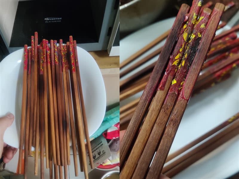 筷子微波完，出現許多燒焦的痕跡。（圖／翻攝自爆廢公社公開版 臉書）