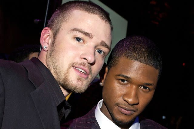 <p>Lester Cohen/WireImage</p> Justin Timberlake and Usher in New York City in 2003