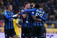 Atalanta's Duvan Zapata, 2nd from right, celebrates with teammates after scoring during the Serie A soccer match between Atalanta and Frosinone, at the Benito Stirpe Stadium in Frosinone, Italy, Sunday, Jan. 20, 2019. (Federico Proietti/ANSA via AP)