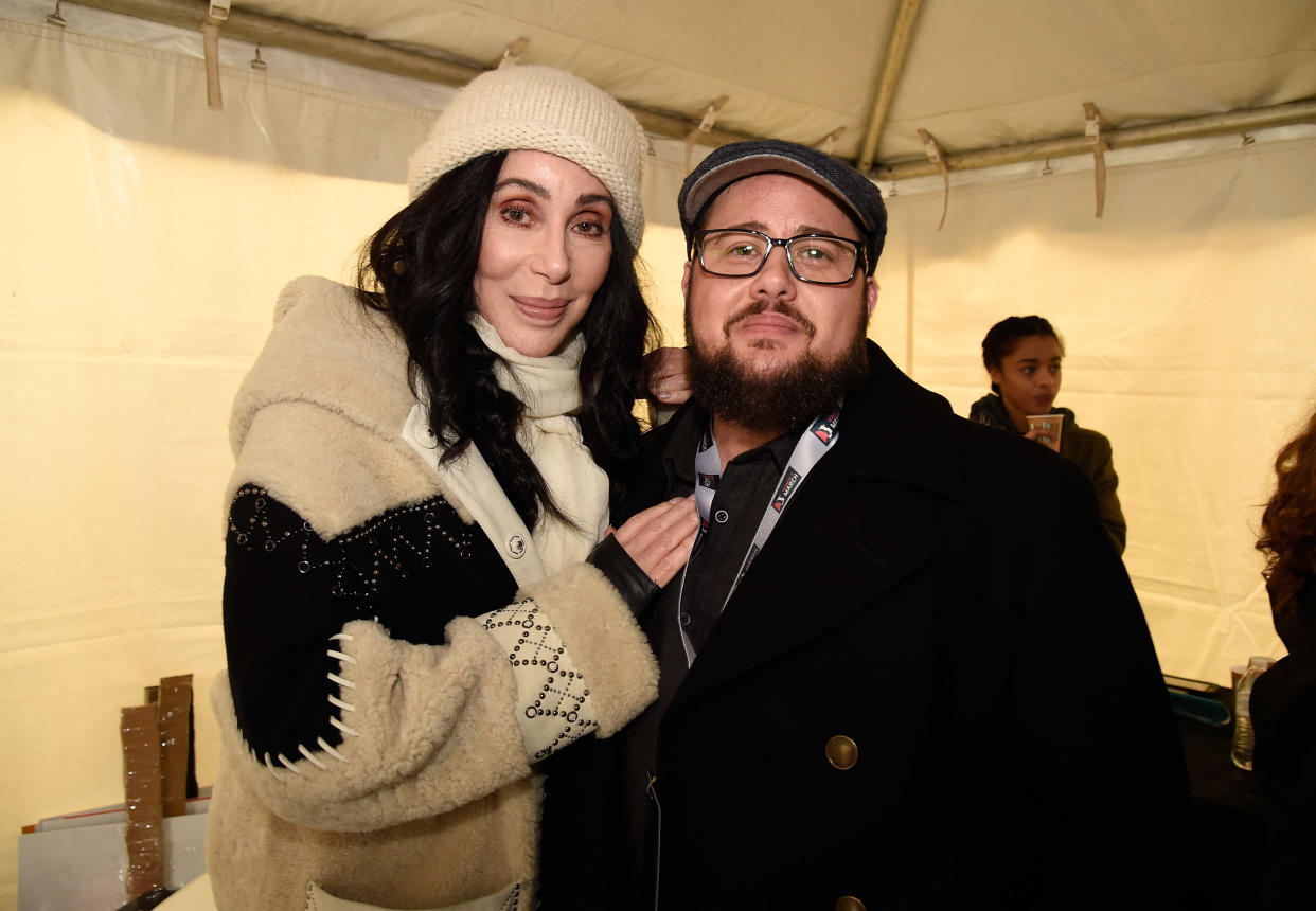 WASHINGTON, DC - JANUARY 21:  Cher (L) and Chaz Bono attend the rally at the Women's March on Washington on January 21, 2017 in Washington, DC.  (Photo by Kevin Mazur/WireImage)