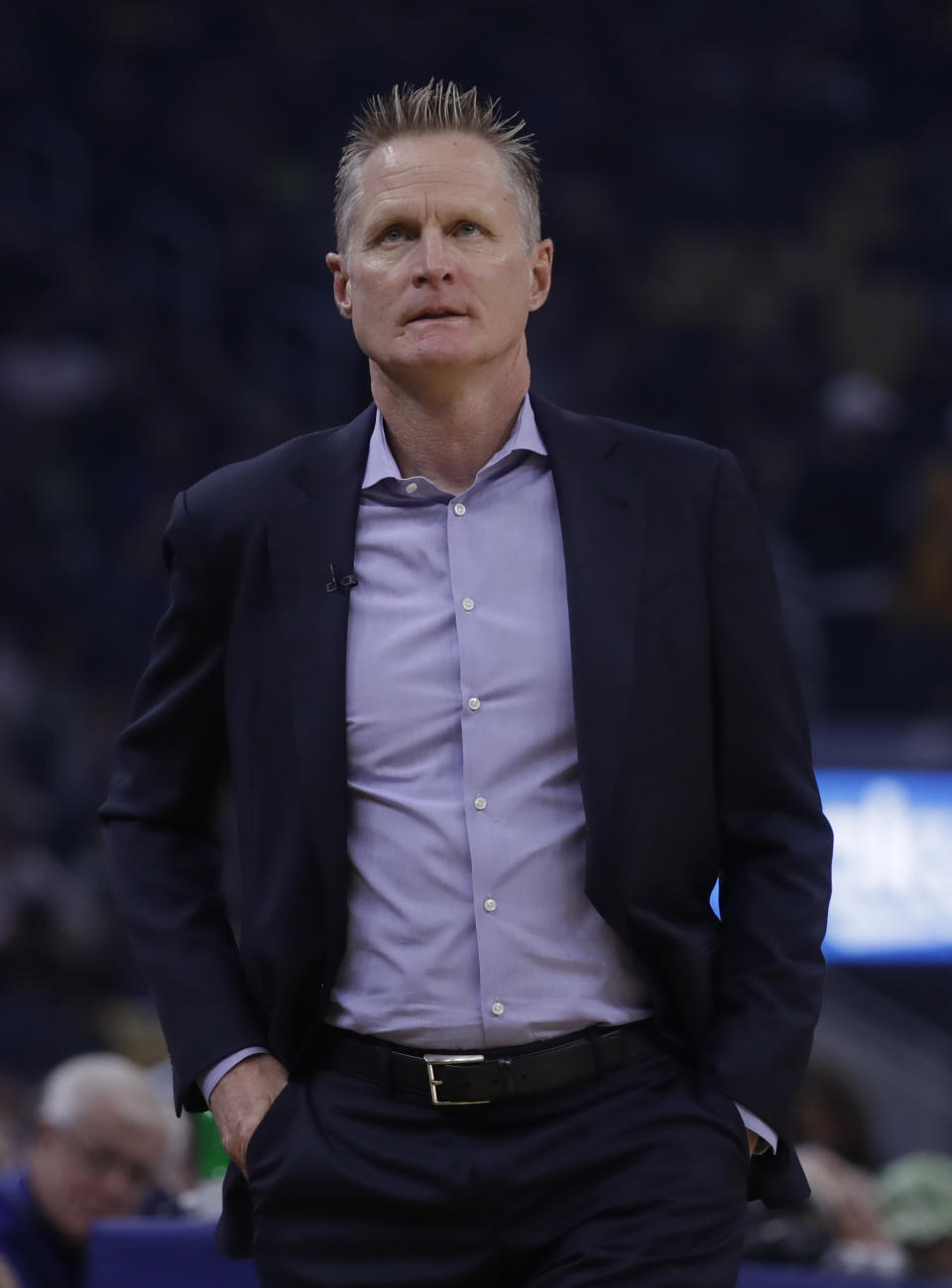 Golden State Warriors coach Steve Kerr looks at the scoreboard during the first half of an NBA basketball game against the Boston Celtics, Friday, Nov. 15, 2019, in San Francisco. (AP Photo/Ben Margot)