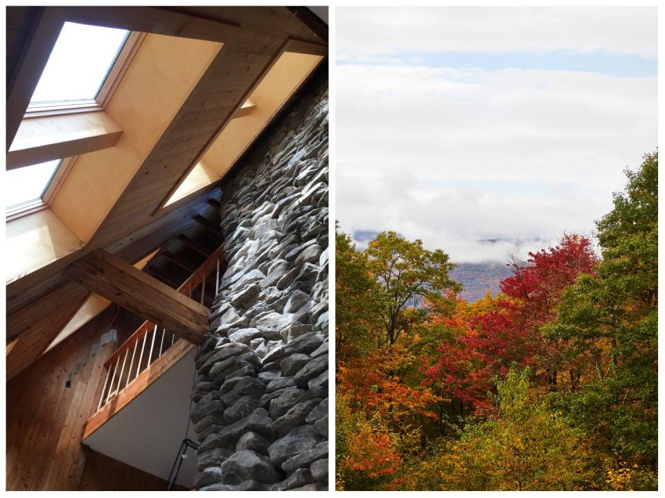 On the left, a picture of the top of the walls. On the right, a picture of trees.