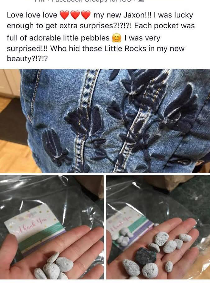 Why were the pockets of a LuLaRoe denim jacket filled with pebbles?
