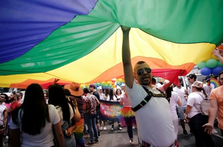 People take part in the annual Gay Pride parade along a Central Avenue, in San Jose