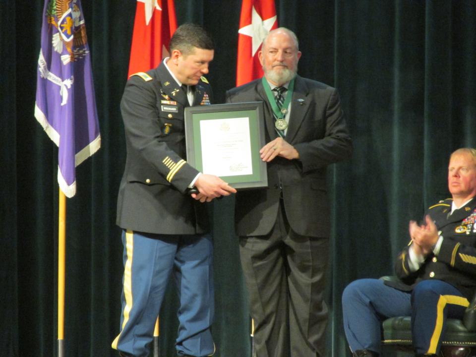 Retired Maj. Gen. David Morris is inducted as a distinguished member of the Special Forces Regiment during a ceremony Thursday, April 20, 2023, at Fort Bragg.