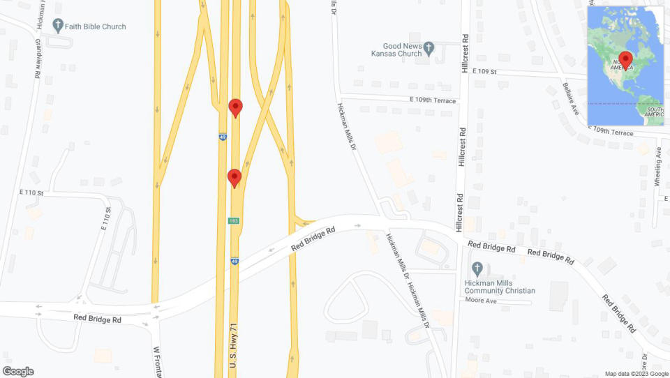 A detailed map that shows the affected road due to 'Broken down vehicle on northbound I-40/US-71 in Kansas City' on September 18th at 11:50 p.m.