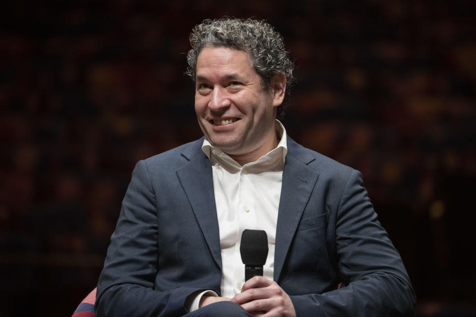 FILE - Gustavo Dudamel is introduced as the New York Philharmonic's 27th music and artistic director in New York on Feb. 20, 2023, starting with the 2026-27 season. Dudamel resigned as music director of the Paris Opéra on Thursday, less than two seasons into a six-year contract scheduled to run through July 2027. (AP Photo/John Minchillo, File)