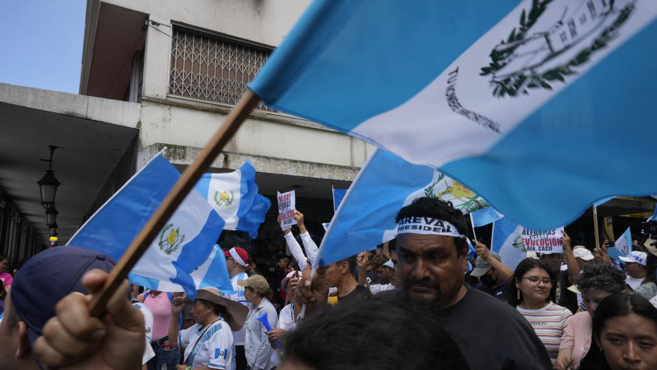 People march against legal actions taken by the Attorney General's office against the Seed Movement party and President-Elect Bernardo Arévalo, in Guatemala City, Saturday, Sept. 2, 2023. Guatemala's Congress has declared the Seed Movement's seven lawmakers — one of whom is Arévalo — independents, which bars them from holding leadership positions. (AP Photo/Moises Castillo)