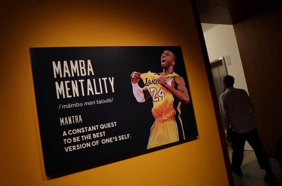 A poster is pictured at an exhibit where a game-worn and signed Los Angeles Lakers Kobe Bryant number 24 jersey that the late legendary basketball player wore during his MVP 2007-2008 NBA season, and was featured in an image of Bryant later turned into murals globally, is pictured during a press preview ahead of it’s February 2-9, 2023 auction at Sotheby’s in New York City, New York, U.S., February 1, 2023. REUTERS/Mike Segar REFILE - CORRECTING INFORMATION