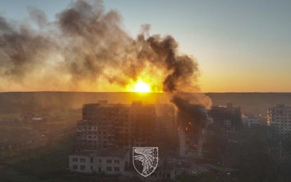 Aerial view of the destruction in the frontline town of Bakhmut - UKRAINIAN ARMED FORCES via Reuters