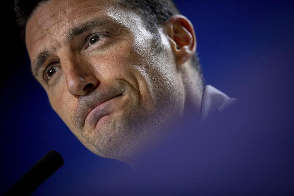 Argentina's national soccer team coach Lionel Scaloni attends a press conference in Madrid, Spain, Thursday, March 21, 2019. Argentina will play a friendly soccer match against Venezuela on Friday. (AP Photo/Bernat Armangue)