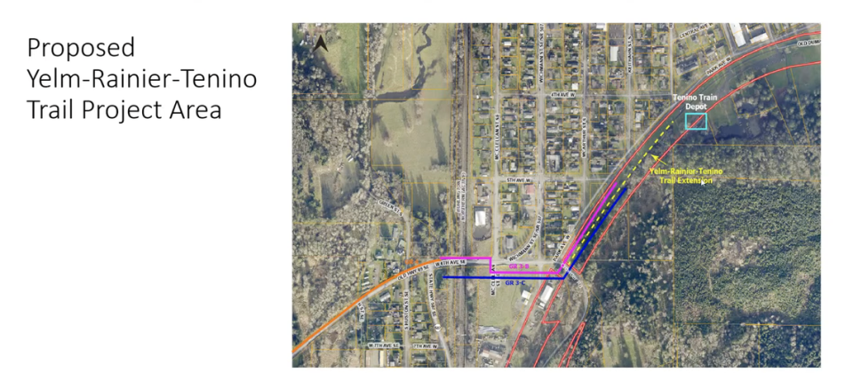 A map of the proposed Yelm-Rainier-Tenino trail extension from the Tenino Train Depot to Crowder Road Southeast. The extension is represented by the yellow, dashed line. Courtesy of Thurston County