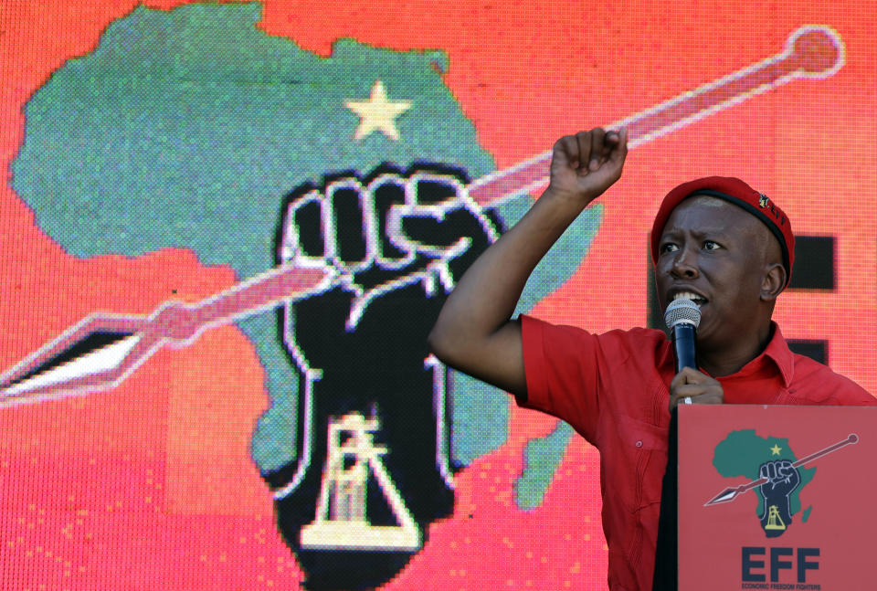 Leader of the Economic Freedom Fighters (EFF) party, Julius Malema, addresses supporters during an election rally at Orlando Stadium in Soweto, South Africa, Sunday, May 5, 2019. Campaign rallies for South Africa’s upcoming election have reached a climax Sunday with mass rallies by the ruling party and one of its most potent challengers. (AP Photo/Themba Hadebe)