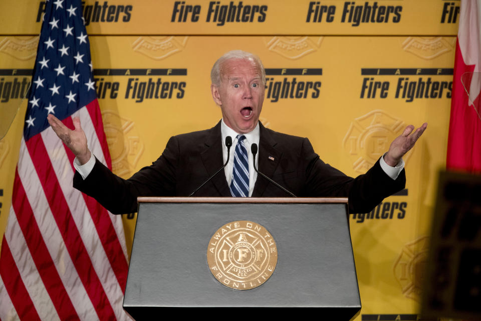 Former Vice President Joe Biden speaks at the International Association of Firefighters at the Hyatt Regency on Capitol Hill in Washington, Tuesday, March 12, 2019, amid growing expectations he'll soon announce he's running for president. (AP Photo/Andrew Harnik)