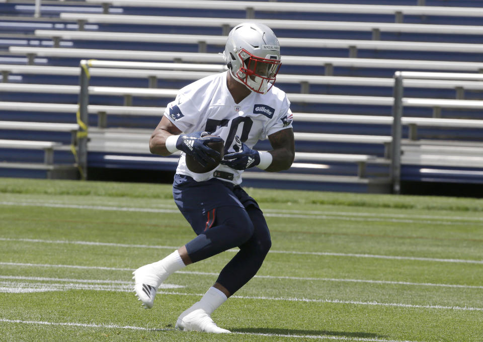 New England Patriots wide receiver N'Keal Harry catches the ball during an NFL football minicamp practice, Tuesday, June 4, 2019, in Foxborough, Mass. (AP Photo/Steven Senne)