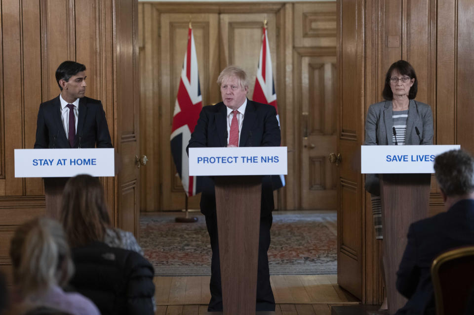 File photo dated 20/03/2020 of Prime Minister Boris Johnson (centre), Chancellor Rishi Sunak (left) and Dr Jenny Harries (right) speaking at a media briefing in Downing Street, London, on coronavirus (COVID-19). The Prime Minister has said he has tested positive for coronavirus.