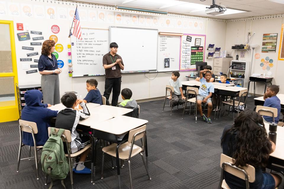 Elizabeth Grant, new superintendent of the Salt Lake City School District, left, and Josse Mendoza, group leader, give instructions to fifth and sixth graders in their summer school class at North Star Elementary School in Salt Lake City on Thursday, July 6, 2023. | Megan Nielsen, Deseret News