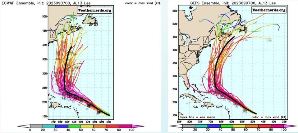 Thursday morning versions of two main storm models, the European, left, and the American, right, suggest Hurricane Lee could turn north next week before it nears the U.S. East Coast. But each model slightly differs on where, exactly, Lee could make its turn.