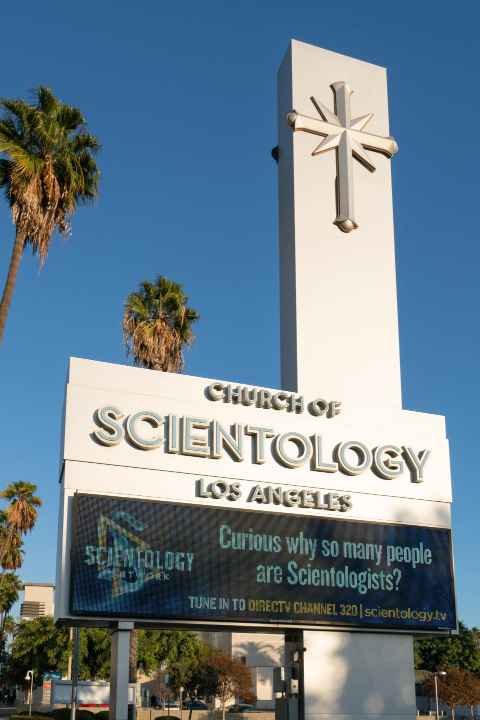 A Church of Scientology pillar and billboard in Los Angeles
