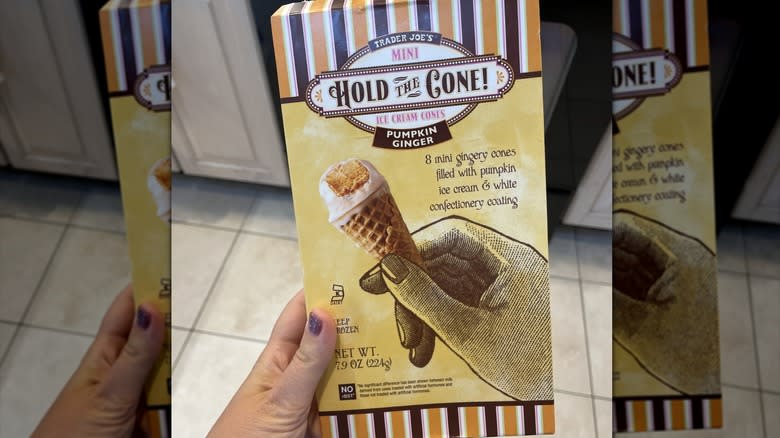 hand holding Trader Joe's mini ice cream cones