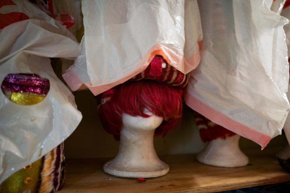 A fantasy wig from a previous Hair Wars show is stored inside a room at Keith Matthews' Beauty Village salon in Detroit on Saturday, Sept. 17, 2022.