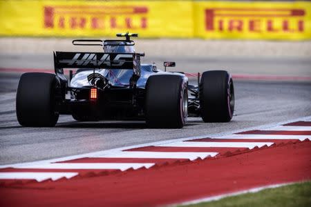 Oct 21, 2017; Austin, TX, USA; Haas driver Kevin Magnussen (20) of Denmark drives during practice for the United States Grand Prix at Circuit of the Americas. Mandatory Credit: Jerome Miron-USA TODAY Sports