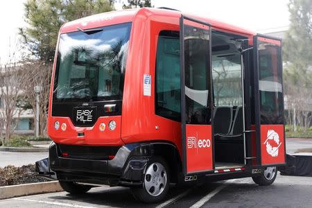 An EasyMile EZ10 shared autonomous vehicle is seen during a deployment demonstration at Bishop Ranch in San Ramon, California March 6, 2017. REUTERS/Stephen Lam