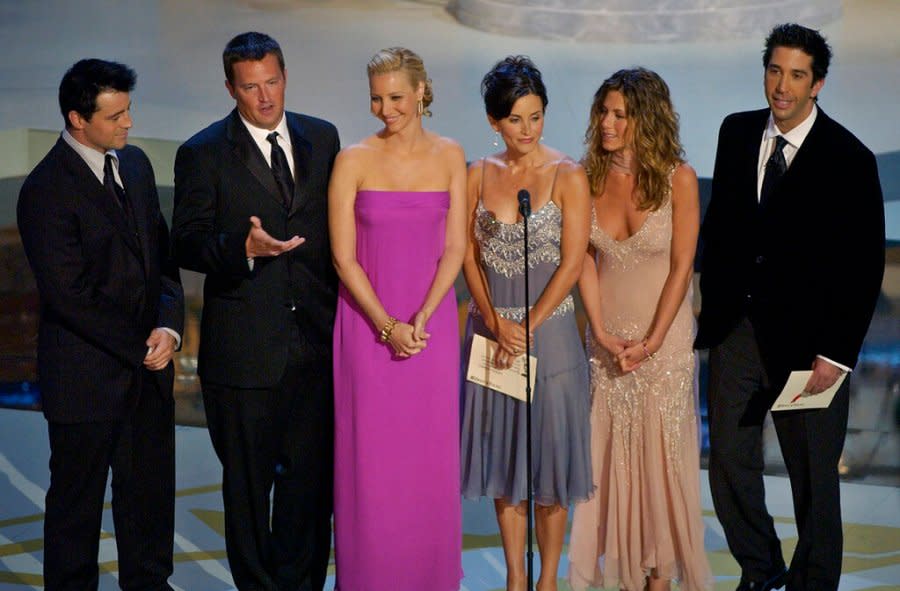FILE – In this Sept. 22, 2002, file photo the cast of television’s “Friends”, from left: Matt LeBlanc, Matthew Perry, Lisa Kudrow, Courteney Cox Arquette, Jennifer Aniston and David Schwimmer appear during the 54th Annual Primetime Emmy Awards at the Shrine Auditorium in Los Angeles. (AP Photo/Kevork Djansezian, File)