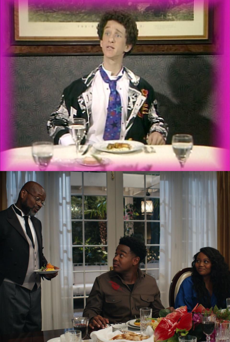 Screech at dinner and Devante with Nadia at her family's house on Saved by the Bell