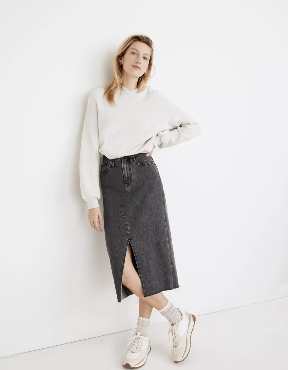 7) Rigid Denim A-Line Midi Skirt in Castlerock Wash