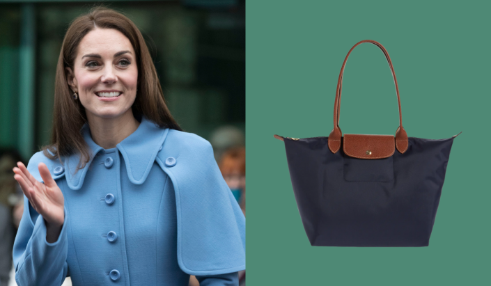 Kate Middleton and a Longchamp Le Pilage tote bag.